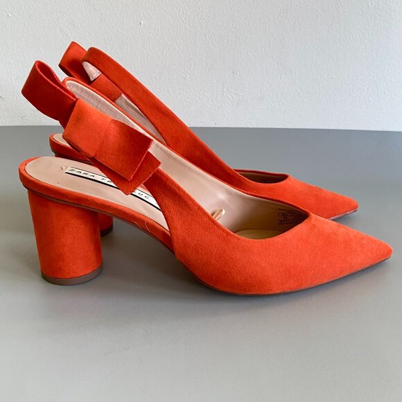 Zara Trafaluc 39 Vibrant Orange Suede Heeled Shoes 8.5 - Picture 4 of 12